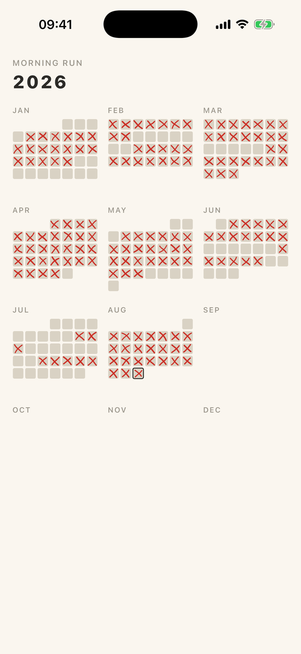 The year at a glance: twelve mini months with every marked day X-ed.